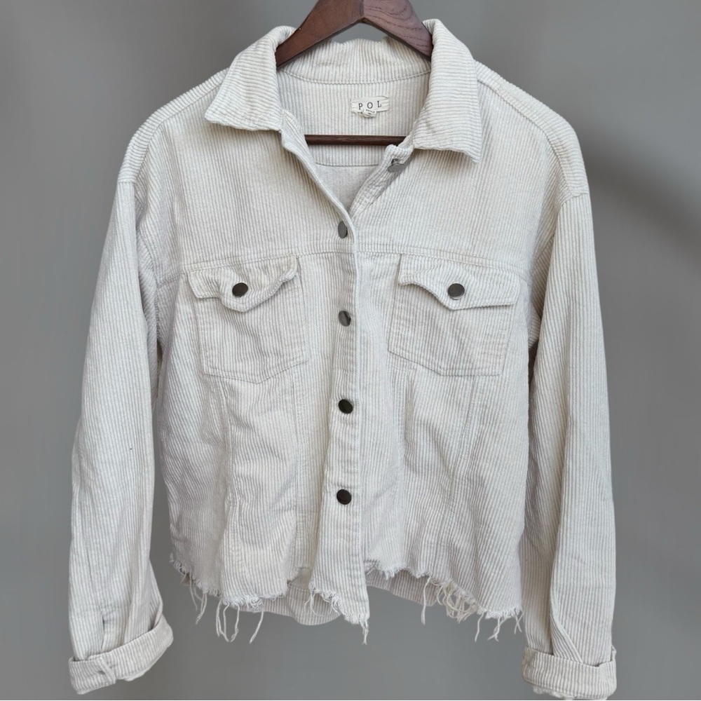 POL White Cream Corduroy Distressed Button Down Cotton  Jacket Top Size Large